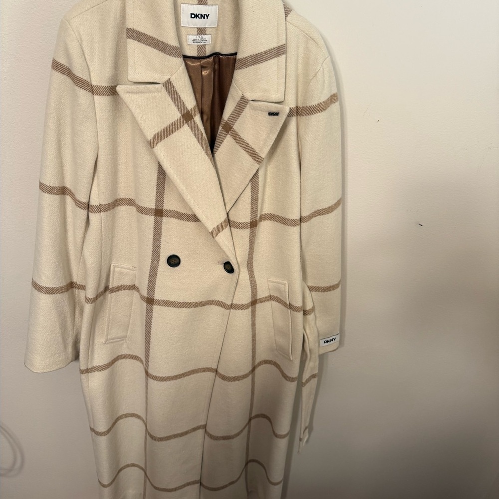 DKNY Cream and Tan Plaid Coat